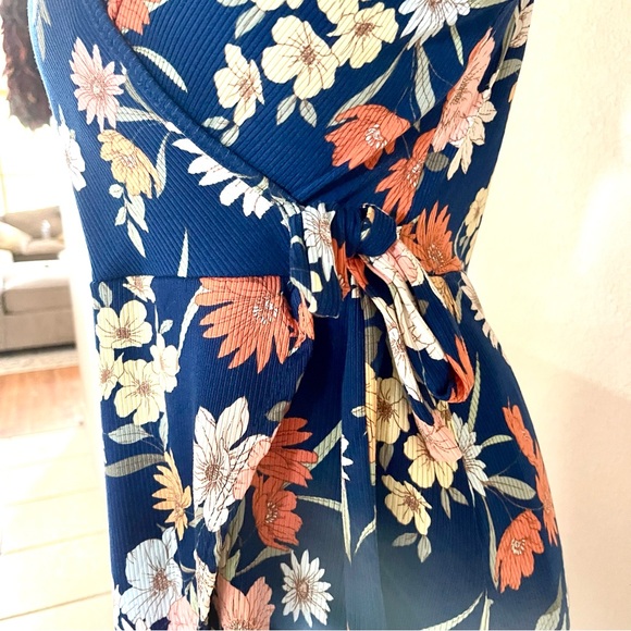 Jessica Simpson Blue Floral Maxi Dress Size XL Ribbed Faux Wrap Sleeveless - Picture 3 of 9